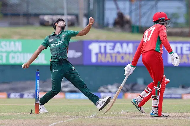 Bangladesh 'A' pacer Tanzim Hasan Sakib bowls during their match against Oman A at the ACC Emerging Teams Asia Cup in Colombo on 15 July 2023