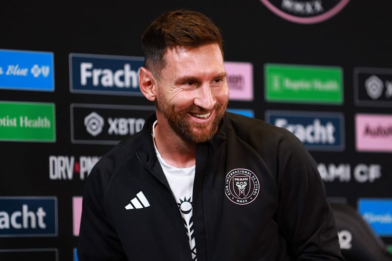 Lionel Messi of Inter Miami CF reacts during a press conference at DRV PNK Stadium on 17 August 2023 in Fort Lauderdale, Florida, US