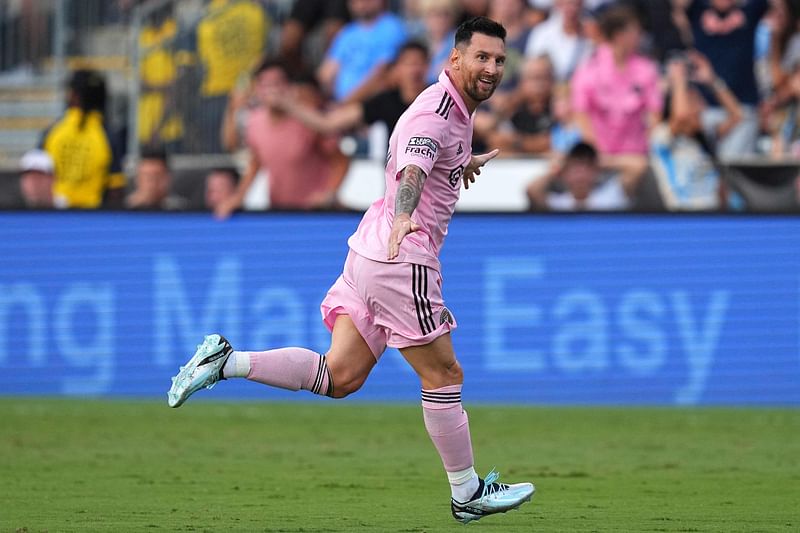 Lionel Messi of Inter Miami CF celebrates after scoring a goal in the first half during the Leagues Cup 2023 semifinals match between Inter Miami CF and Philadelphia Union at Subaru Park on 15 August 2023 in Chester, Pennsylvania, US