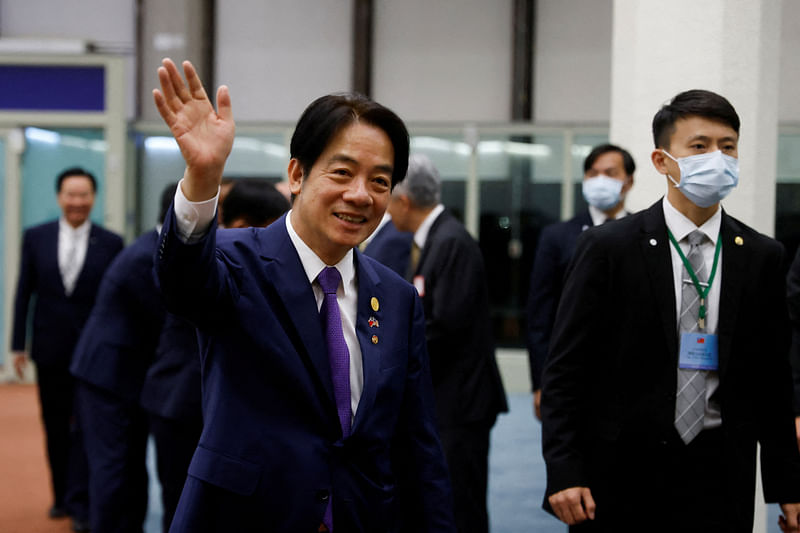 Taiwan’s Vice President William Lai waves at Taoyuan International Airport following his trip to the United States and Paraguay, in Taoyuan, Taiwan August 18, 2023