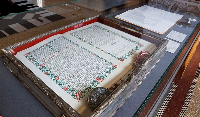 Copies of Denmark’s constitutional acts are on display inside the Danish parliament in Christiansborg Palace, Copenhagen, Denmark, on 2 August, 2023.