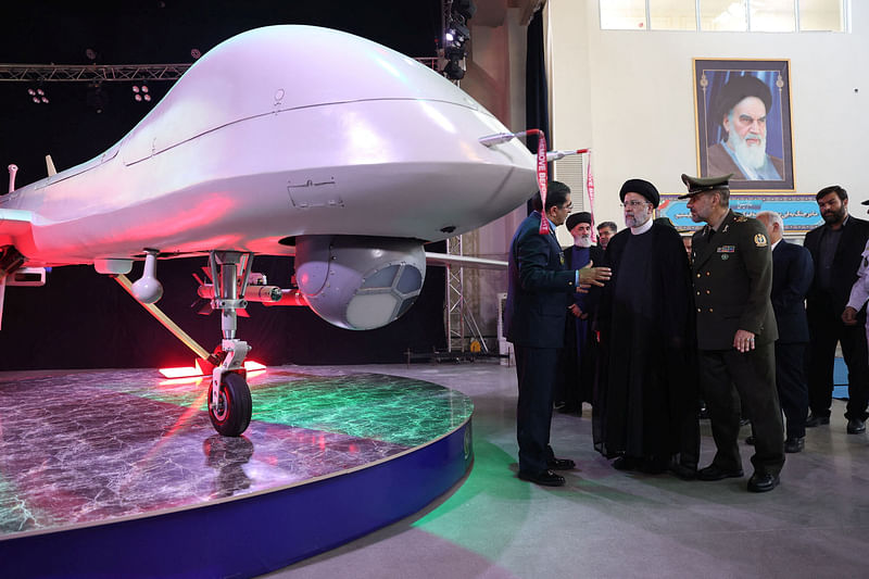 Iranian President Ebrahim Raisi visits a new drone called "Mohajer 10" with a range of 2000 km, in Tehran, Iran, August 22, 2023