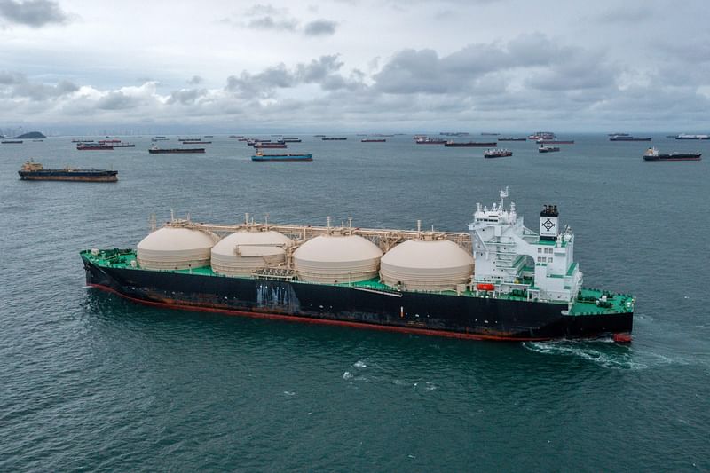 Aerial view of cargo ships waiting at the entrance of the Panama Canal at Panama Bay off Panama City, on 23 August, 2023.