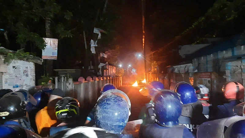 Police fire tear gas shells and rubber bullets to bring the situation under control in Shaistanagar , Habiganj on 20 August, 2023