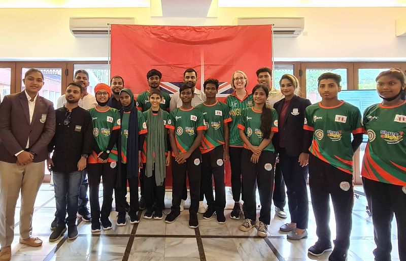 Members of Bangladesh street child cricket team pose for a photo with national men's team cricket Tamim Iqbal, national women's team cricketer Jahanara Alam and the British high commissioner to Bangladesh Sarah Cooke in an event held in Dhaka on 30 August 2023