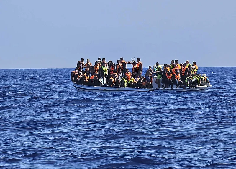 This image provided from Cyprus' Joint rescue Coordination Center shows a boat with migrants in the sea near the eastern coastal resort of Protaras, on the east side of the Mediterranean island of Cyprus, on Sunday, Aug. 21, 2023.