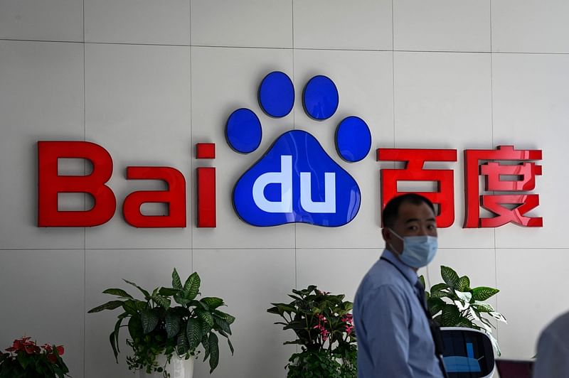 The company logo is displayed at Baidu's headquarters in Beijing on 6 September, 2022