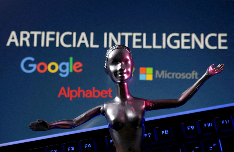 Google, Microsoft and Alphabet logos and AI Artificial Intelligence words are seen in this illustration taken, 4 May, 2023