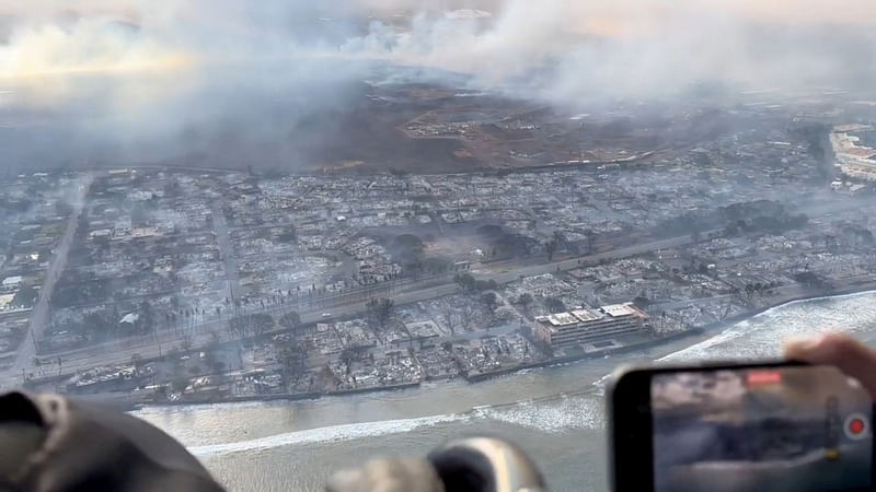 An aerial view shows damage along the coast of Lahaina in the aftermath of wildfires in Maui, Hawaii, U.S. 9 August 2023 this screen grab obtained from social media video.