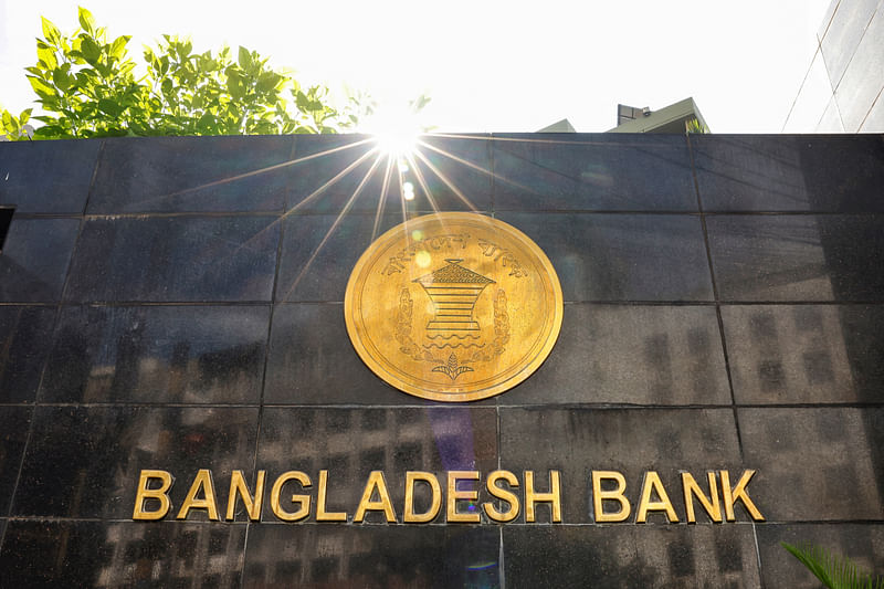 The signage of Bangladesh Bank is pictured in Dhaka on 19 July 2023.