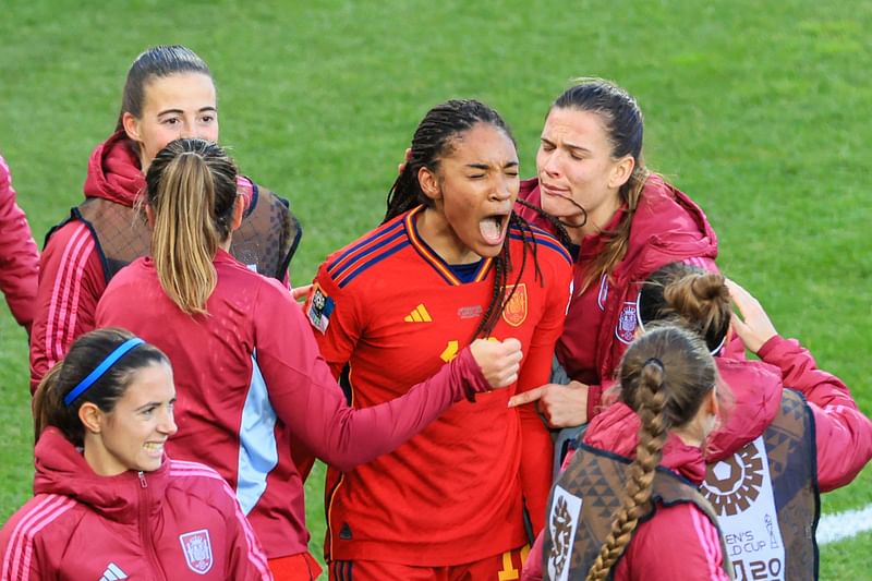 Spain's forward Salma Paralluelo celebrates scoring her team's second goal during the Australia and New Zealand 2023 Women's World Cup quarter-final between Spain and the Netherlands at Wellington Stadium on 11 August 2023