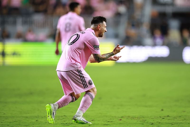 Lionel Messi of Inter Miami CF celebrates after scoring a goal in the second half during the Leagues Cup 2023 quarterfinals match between Charlotte FC and Inter Miami CF at DRV PNK Stadium on 11 August, 2023