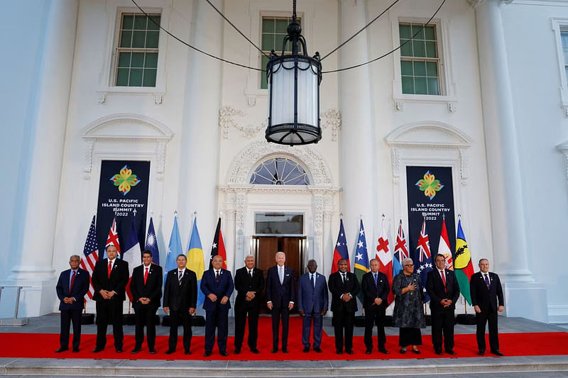 US President Joe Biden poses with leaders from the US- Pacific Island Country Summit, New Caledonia's President Louis Mapou, Tonga's Prime Minister Hu'akavemeiliku Siaosi Sovaleni, Palau's President Surangel Whipps Jr., Tuvalu's Prime Minister Kausea Natano, Federated States of Micronesia's President David Panuelo, Fiji's Prime Minister Frank Bainimarama, Solomon Islands Prime Minister Manasseh Sogavare, Papua New Guinea's Prime Minister James Marape, Marshall Islands President David Kabua, Samoa's Prime Minister Fiame Naomi Mata'afa, French Polynesia's President Edouard Fritch and Cook Islands Prime Minister Mark Brown at the White House in Washington, US on 29 September, 2022.