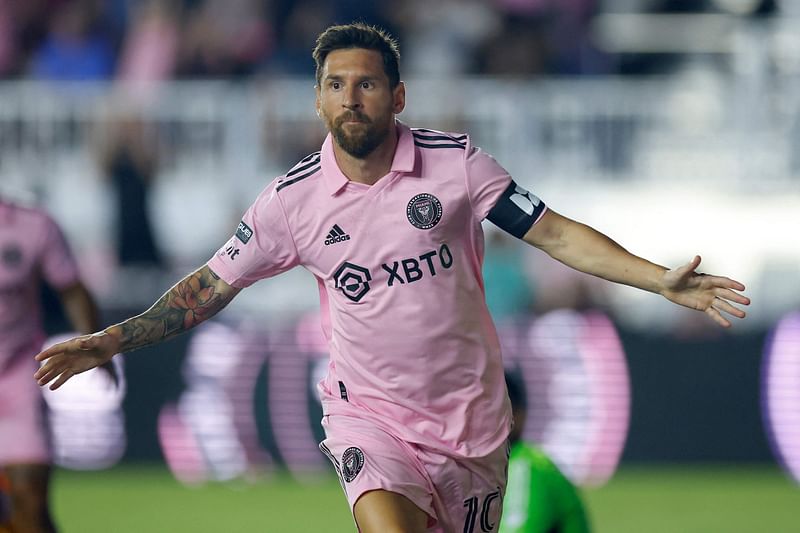 Lionel Messi #10 of Inter Miami CF celebrates after scoring a goal in the first half during the Leagues Cup 2023 Round of 32 match between Orlando City SC and Inter Miami CF at DRV PNK Stadium on 2 August, 2023 in Fort Lauderdale, Florida