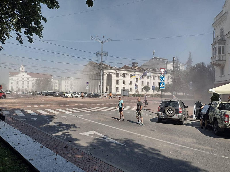 A short video accompanying Zelenskiy's post showed debris scattered across a square in front of the regional drama theatre.