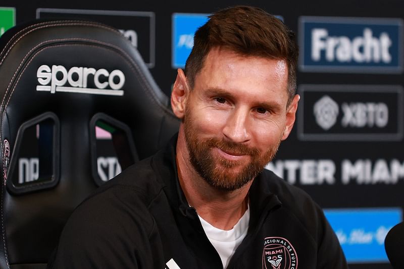 Lionel Messi of Inter Miami CF reacts during a press conference at DRV PNK Stadium on 17 August 2023 in Fort Lauderdale, Florida, US