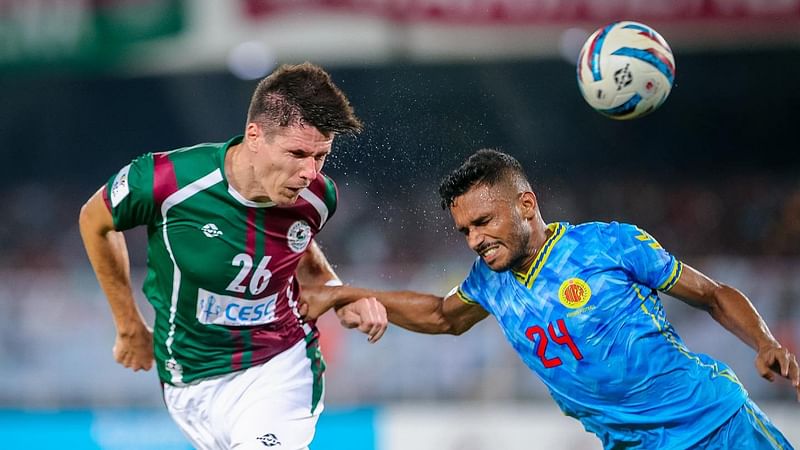 An action of the Mohun Bagan-Abahani clash in the AFC Cup South Zone playoff match held at the Salt Lake Stadium in Kolkata on 22 August 2023