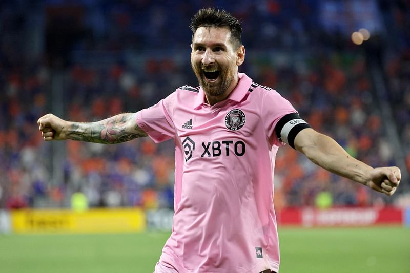 Lionel Messi of Inter Miami CF celebrates after teammate Leonardo Campana scored his second goal against the FC Cincinnati during the second half in the 2023 US Open Cup semifinal match at TQL Stadium on 23 August, 2023 in Cincinnati, Ohio