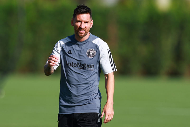 Lionel Messi of Inter Miami CF looks on during an Inter Miami CF training session at Florida Blue Training Center on 14 August 2023 in Fort Lauderdale, Florida, US