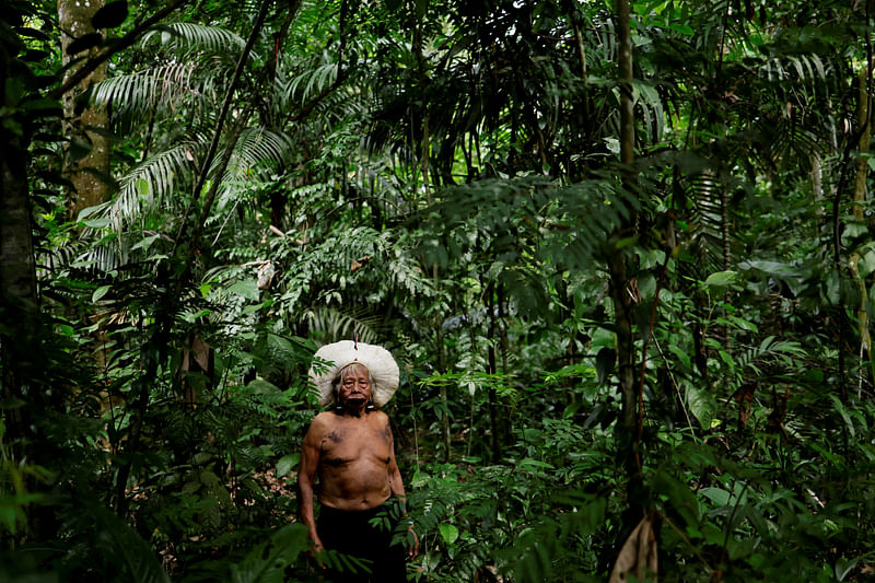 Brazil's indigenous chief Raoni Metuktire poses for a photo during an interview before a summit of Amazon rainforest nations at the Igarape Park, in Belem, Para state, Brazil 5 August, 2023.