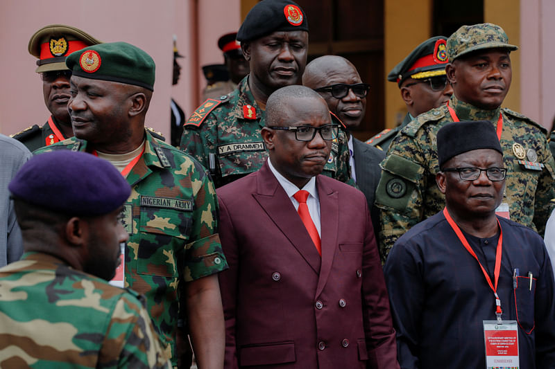 Ghana's defense minister, Dominic Nitiwul, poses for a group photo with the Chiefs of Defense staff of ECOWAS as they meet on the deployment of its standby force in the Republic of Niger, in Accra, Ghana. August 17, 2023