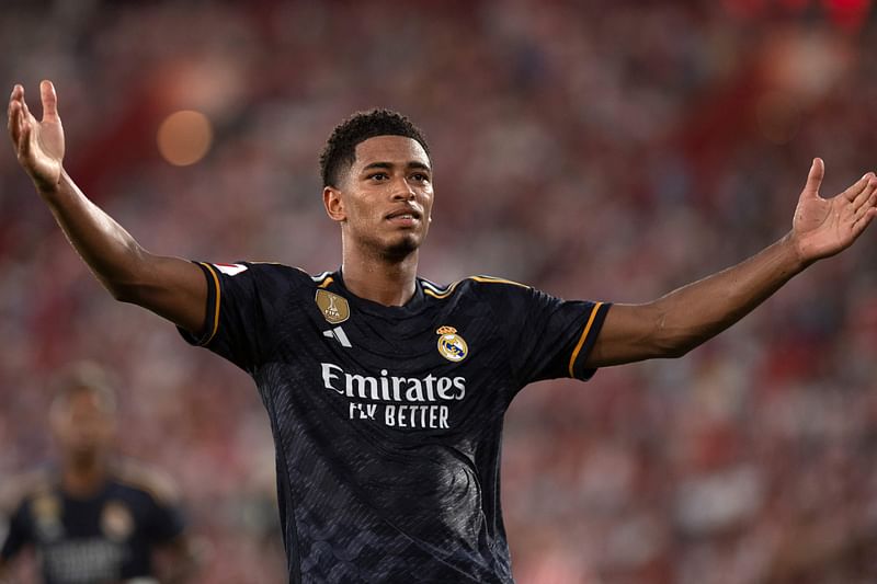 Real Madrid's English midfielder Jude Bellingham celebrates scoring his second goal during the La Liga football match between UD Almeria and Real Madrid CF at the Municipal Stadium of the Mediterranean Games in Almeria on 19 August 2023