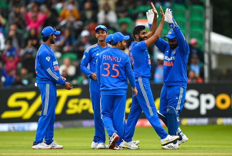 Jasprit Bumrah celebrates after taking a wicket during the 1st T20 between India and Ireland in Dublin on 18 August 2023