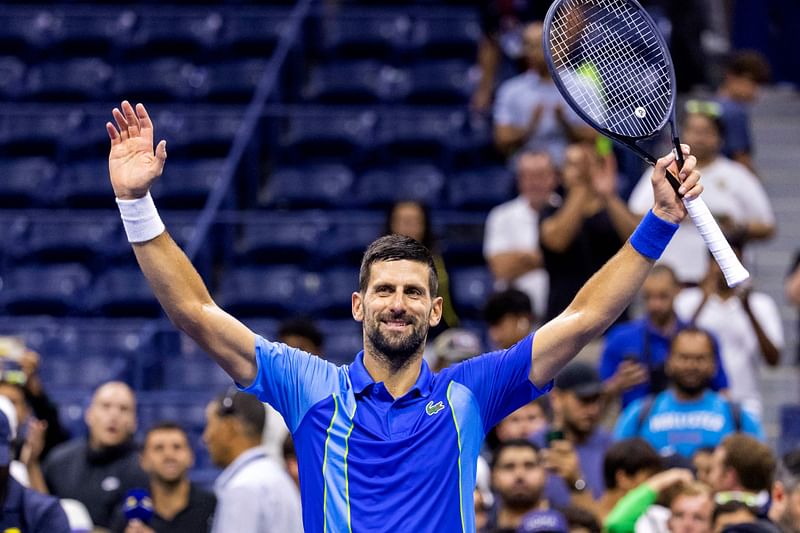 Serbia's Novak Djokovic celebrates his victory over France's Alexandre Muller during the US Open tennis tournament men's singles first round match at the USTA Billie Jean King National Tennis Center in New York City, on 28 August 2023