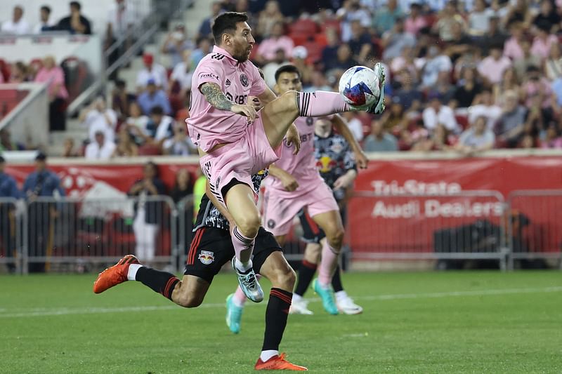 Lionel Messi of Inter Miami CF jumps for the ball in the second half during a match between Inter Miami CF and New York Red Bulls at Red Bull Arena on 26 August 2023 in Harrison, New Jersey, US