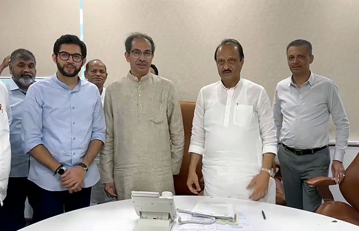 Former Maharashtra Chief Minister and Shiv Sena (Uddhav Balasaheb Thackeray) chief Uddhav Thackeray accompanied by his son and party leader Aaditya Thackeray meets State Deputy CM and Nationalist Congress Party (NCP) leader Ajit Pawar, in Mumbai on 19 July, 2023