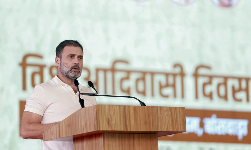 Congress leader Rahul Gandhi addresses a public meeting on the occasion of International Day of the World’s Indigenous Peoples (World Tribal Day), at Mangarh Dham, in Banswara on 9 August, 2023