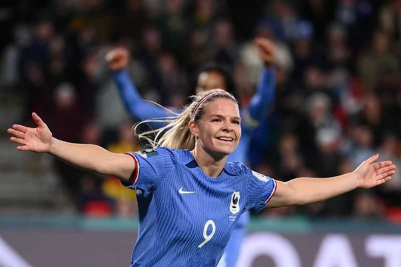 France's forward Eugenie Le Sommer celebrates scoring her team's fourth goal during the Australia and New Zealand 2023 Women's World Cup round of 16 match between France and Morocco at Hindmarsh Stadium in Adelaide on 8 August 2023