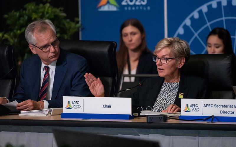 US energy secretary Jennifer Granholm speaks as Andrew Light, Assistant Secretary for International Affairs at the US Department of Energy, listens during the Asia-Pacific Economic Cooperation (APEC) Energy Ministerial Meeting on 15 August 2023 in Seattle, Washington