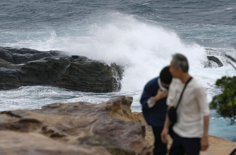 High waves caused by Typhoon Lan break on the shores of Senjojiki, Shirahama town, Wakayama prefecture, Japan, August 14, 2023