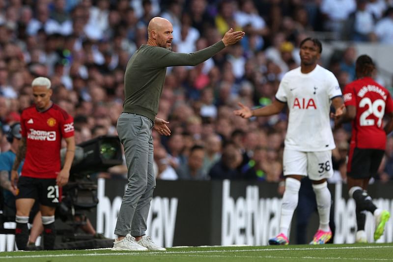 Manchester United's Dutch manager Erik ten Hag reacts during the English Premier League football match between Tottenham Hotspur and Manchester United at Tottenham Hotspur Stadium in London, on 19 August, 2023.