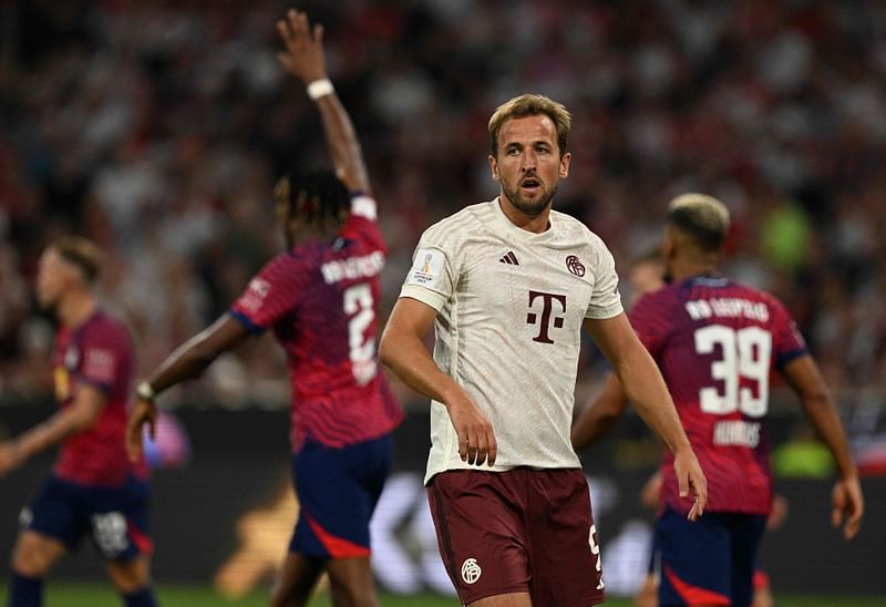 Bayern Munich's English forward Harry Kane reacts during the German Super Cup final between Bayern Munich and RB Leipzig in Munich on 12 August 2023