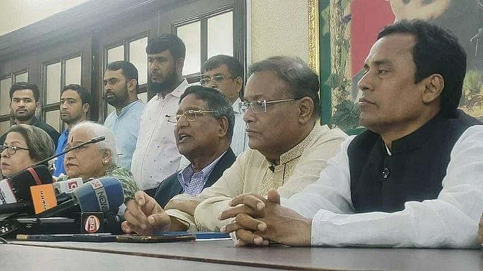 Awami League presidium member Abdur Razzaque speaks at a press briefing on the party delegation's recent India visit at the Awami League office in the capital's Dhanmondi on 10 August, 2023