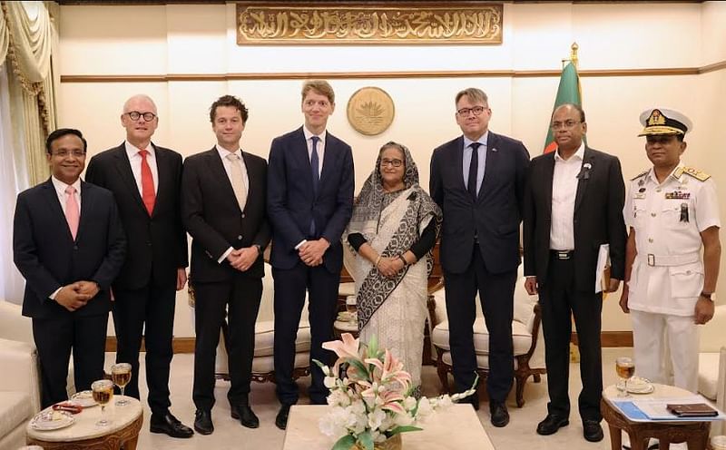 Maersk Group chief executive officer Robert Maersk Uggla and Danish Charges d’Affaires in Bangladesh Andres B Karlsen called on Prime Minister Sheikh Hasina at her office in Dhaka on 28 August, 2023