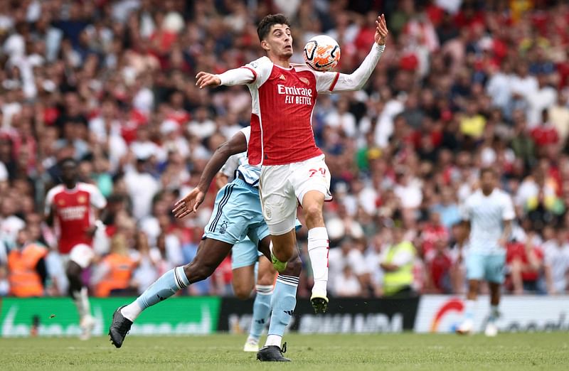 Arsenal's German midfielder Kai Havertz controls the ball during the English Premier League football match between Arsenal and Nottingham Forest at the Emirates Stadium in London on 12 August 2023