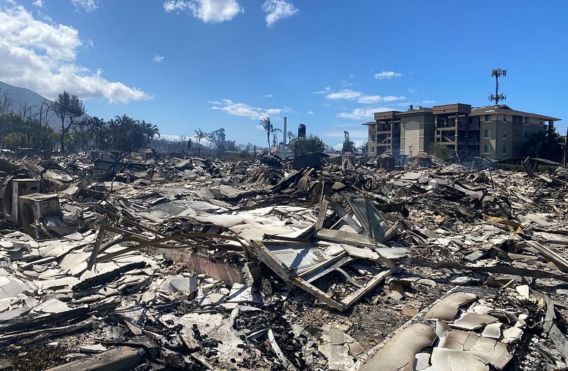 Destroyed buildings and homes are pictured in the aftermath of a wildfire in Lahaina, western Maui, Hawaii on 10 August, 2023