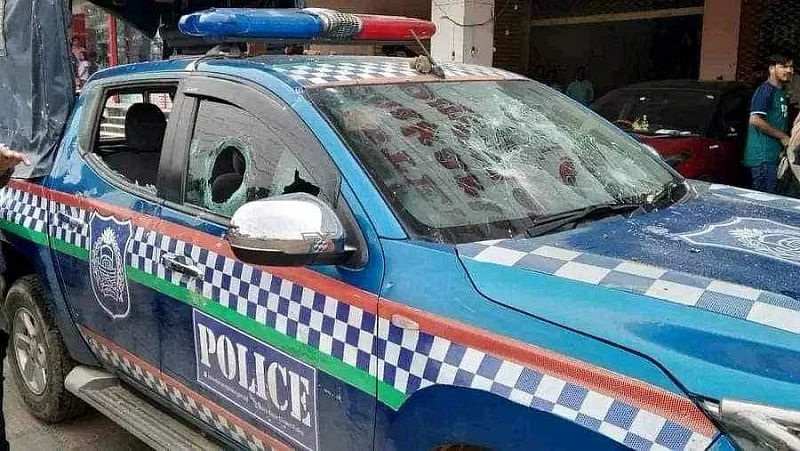 A vandalised police vehicle.