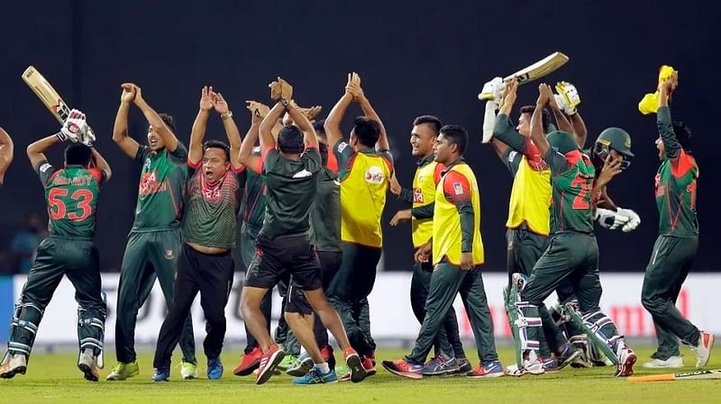 Bangladesh team does the Nagin dance after beating Sri Lanka in a Nidahas Trophy match