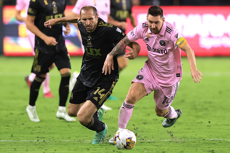 Giorgio Chiellini of Los Angeles FC battles against Lionel Messi of Inter Miami CF during a match between Inter Miami CF and Los Angeles Football Club at BMO Stadium on September 03, 2023 in Los Angeles, California