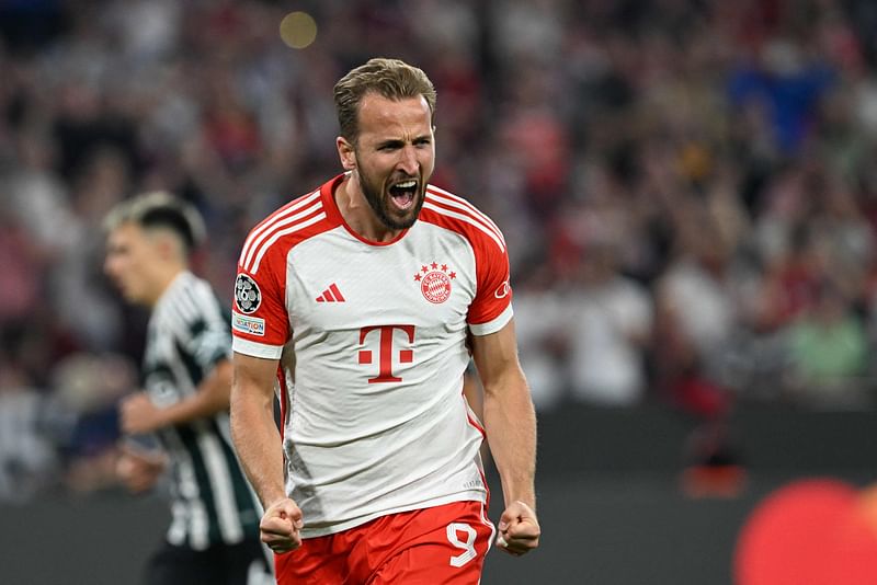 Bayern Munich's English forward Harry Kane celebrates scoring from the penalty spot during the UEFA Champions League Group A football match FC Bayern Munich v Manchester United in Munich, southern Germany on 20 September 2023