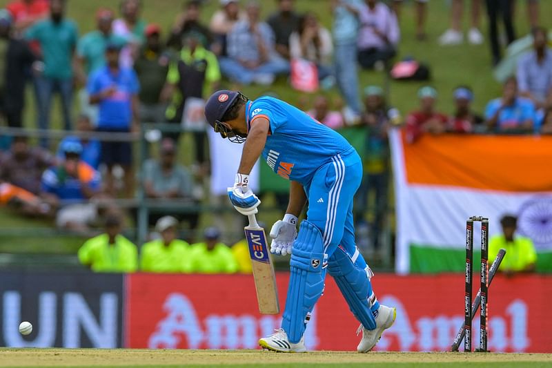 India's captain Rohit Sharma is clean bowled by Pakistan's Shaheen Shah Afridi (not pictured) during the Asia Cup 2023 one-day international (ODI) cricket match between India and Pakistan at the Pallekele International Cricket Stadium in Kandy on 2 September, 2023