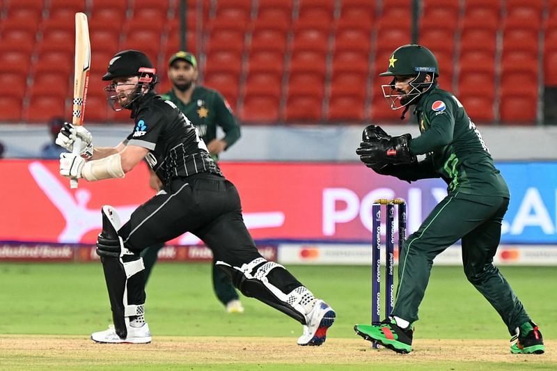 New Zealand’s Kane Williamson plays a shot during a warm-up match between Pakistan and New Zealand ahead of the ICC Men’s Cricket World Cup at the Rajiv Gandhi International Cricket Stadium in Hyderabad on 29 September 2023