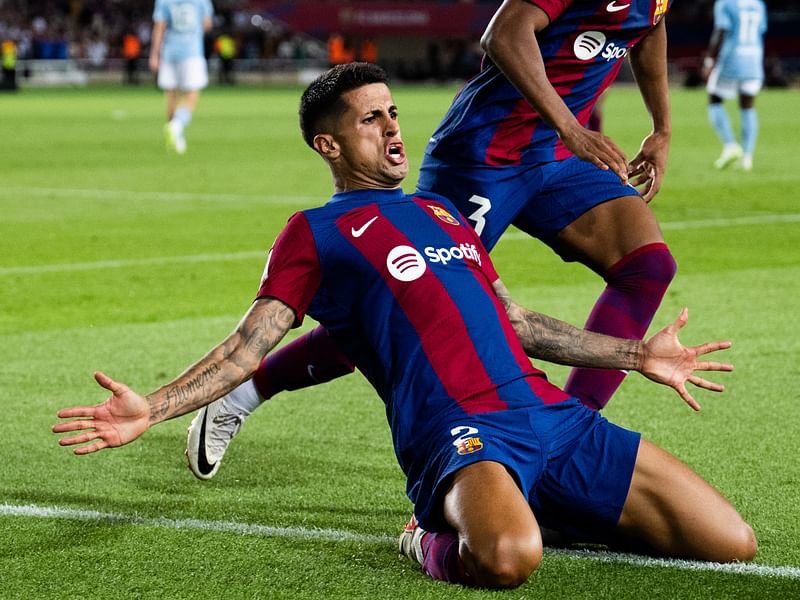 FC Barcelona player Joao Cancelo celebrates after scoring his team's winning goal against Celta Vigo in their La Liga match in Barcelona, Spain on 23 September 2023