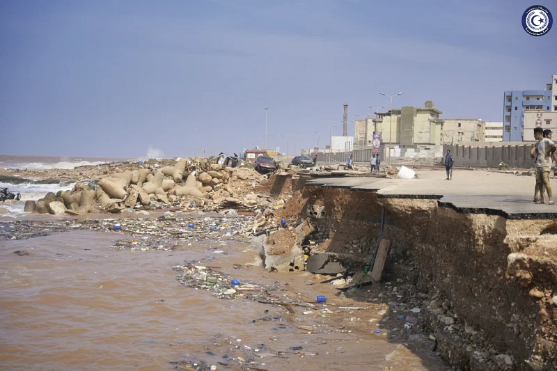 In this photo provided by the Libyan government, a seaside road is collapsed after heavy flooding in Derna, Libya, on Monday, Sept. 11, 2023. Mediterranean storm Daniel caused devastating floods in Libya that broke dams and swept away entire neighborhoods and wrecked homes in multiple coastal towns in the east of the North African nation.