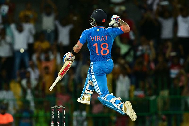 ndia's Virat Kohli celebrates after scoring a century (100 runs) during the Asia Cup 2023 super four one-day international (ODI) cricket match between India and Pakistan at the R. Premadasa Stadium in Colombo on September 11, 2023