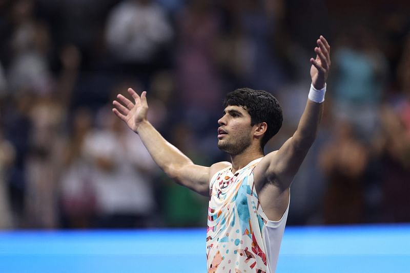 Carlos Alcaraz of Spain celebrates match point against Alexander Zverev of Germany during their Men's Singles Quarterfinal match on Day Ten of the 2023 US Open at the USTA Billie Jean King National Tennis Center on 6 September, 2023